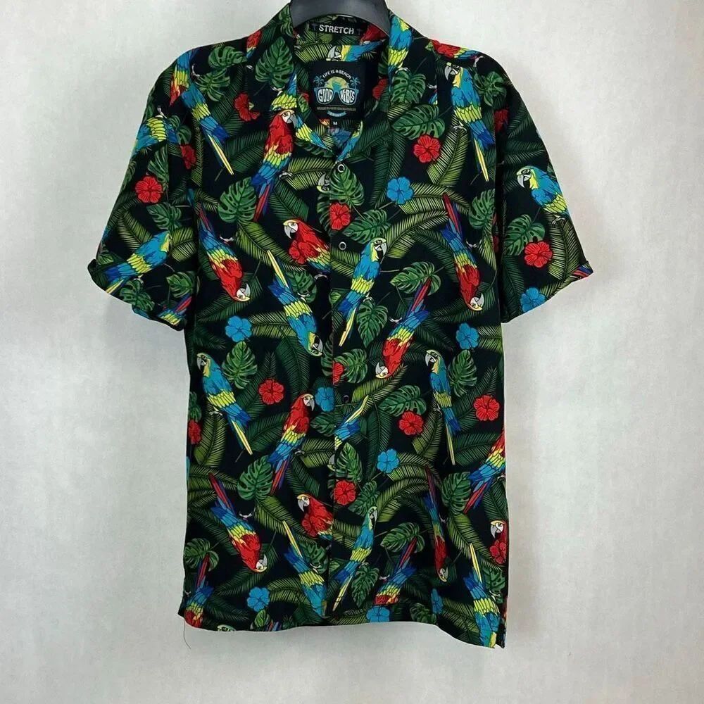 Good Vibes "Life is a Beach" Tropical Parrot Button Front Shirt Sz Medium Short